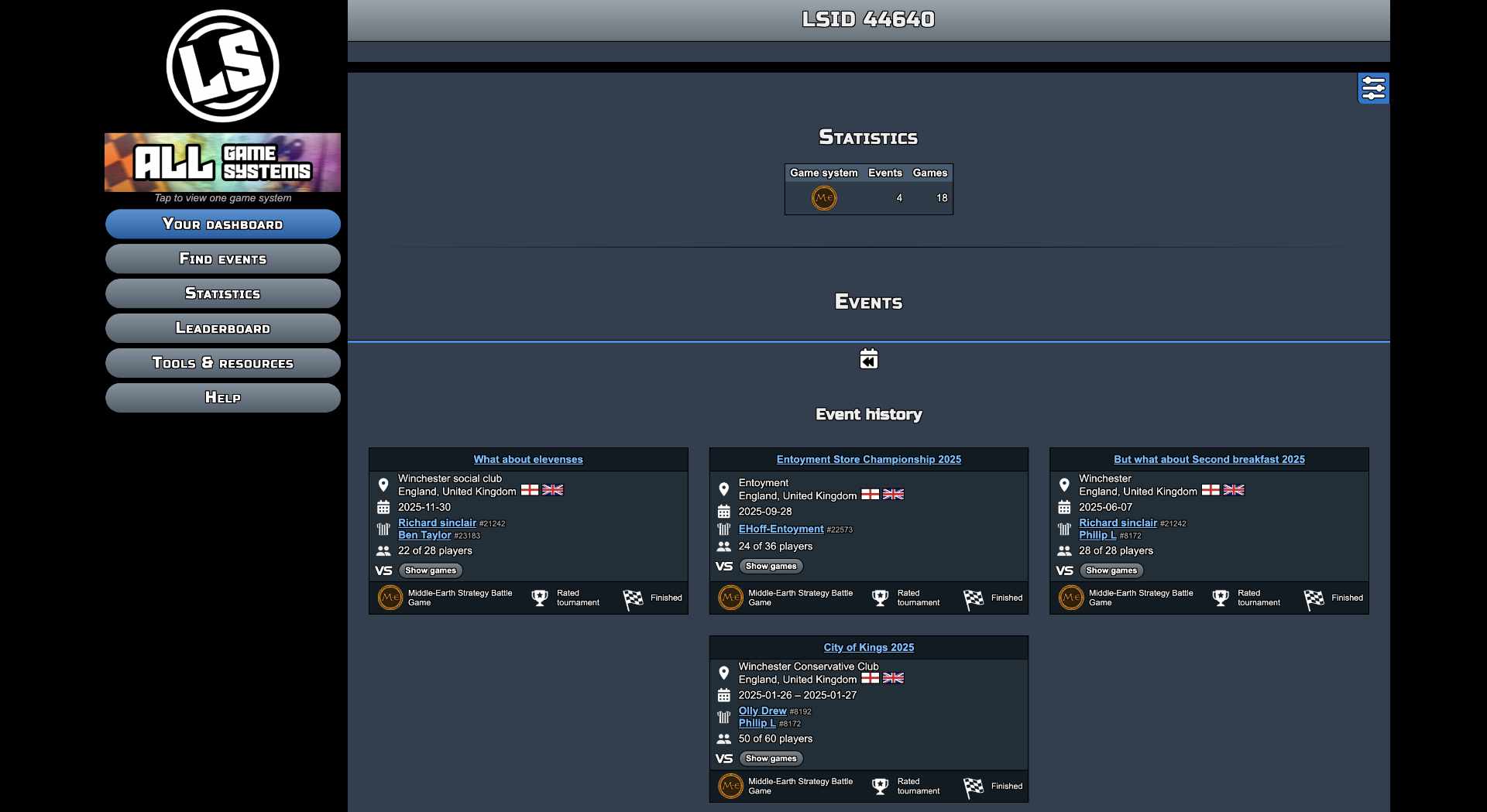 Screenshot of the player's profile on Longshanks.