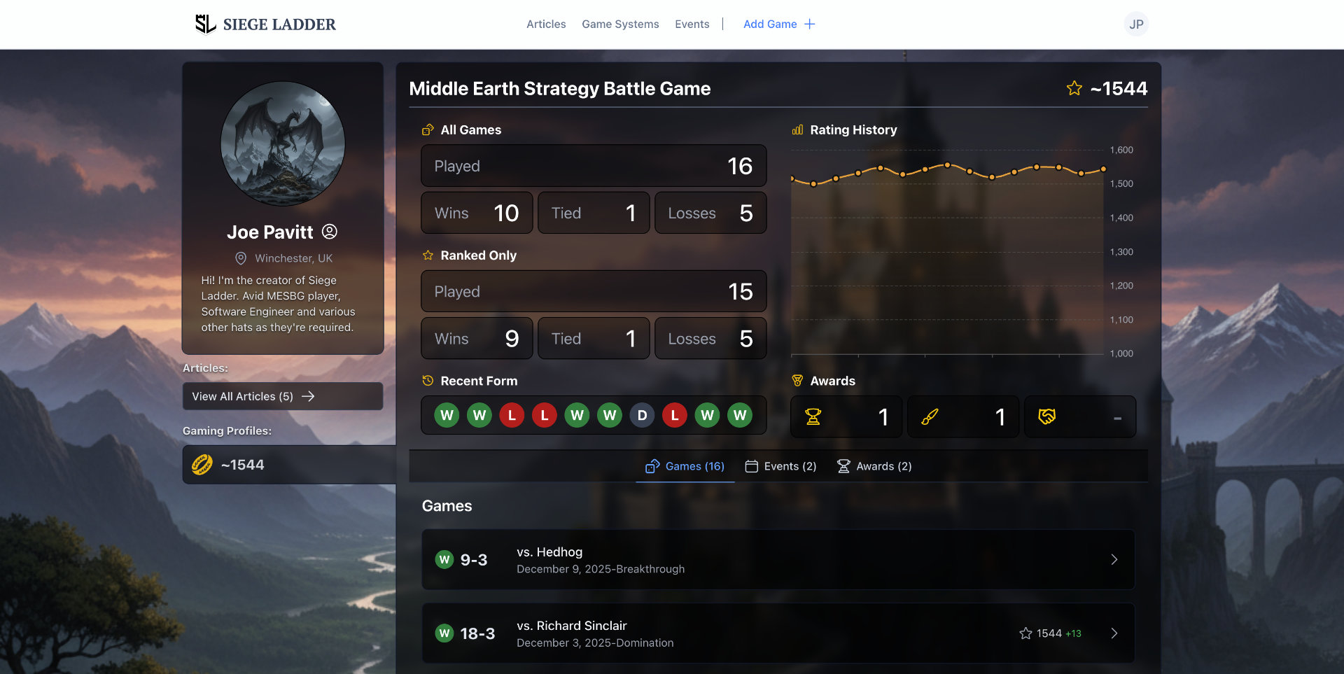 Screenshot showing a Player profile view on Siege Ladder.