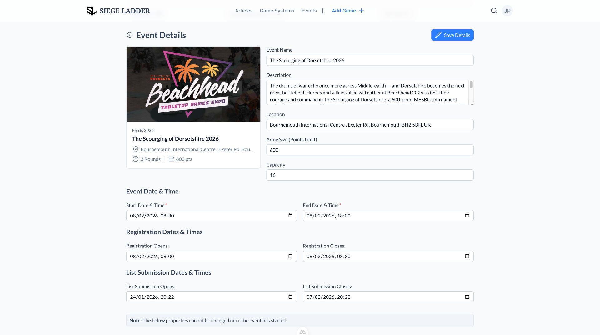 A screenshot of the setup page for events in Siege Ladder, here showing the configuration for Beachhead.