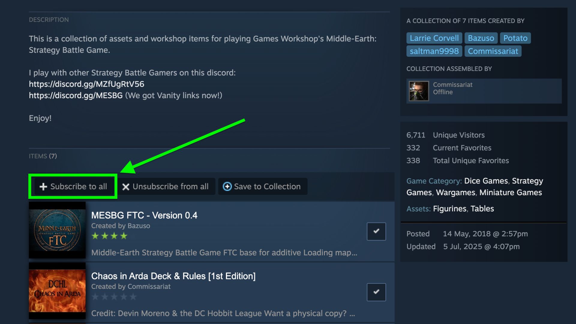 Screenshot showing where the "Subscribe to all" button is on the "Middle Earth: Strategy Battle Game" collection.