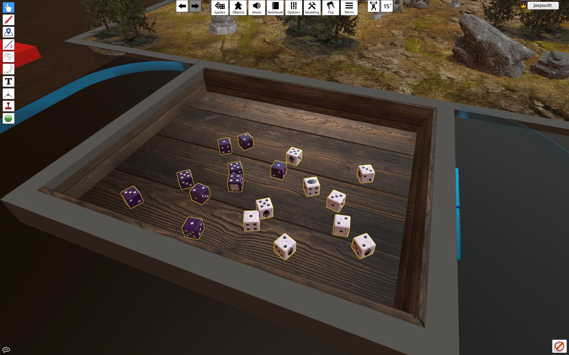 The dice tray found at the south-end of the table
