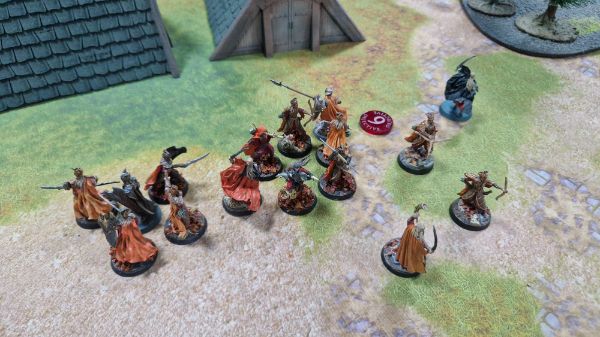 The end state of the Halls of Thranduil mirror-match, with just his Thranduil (top-right) and a lone Mirkwood Warrior (bottom left) remaining on the board from his army.